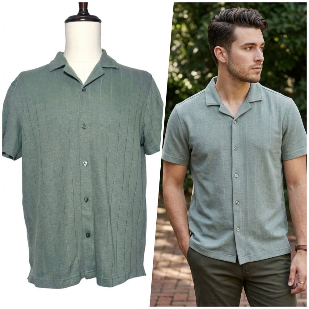 Christian Lacroix | Men | Sage Green Ribbed Knit Cabana Button Up Shirt | Large